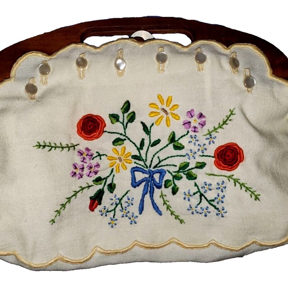 Vintage Boho Cottage Core Linen Floral Handmade Embroidered Top Handle Clutch